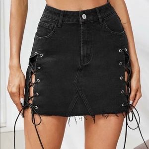 Lace up black denim skirt